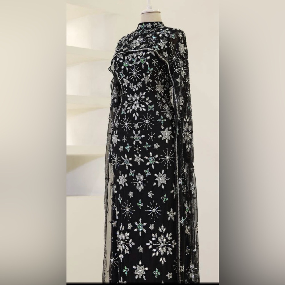 Elegant Cape Dress Black and Silver Embellished Mother of Bride modest wear